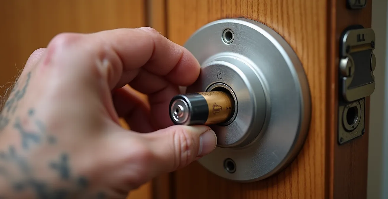 Close-up of smart lock showing emergency 9V battery terminal and physical key backup