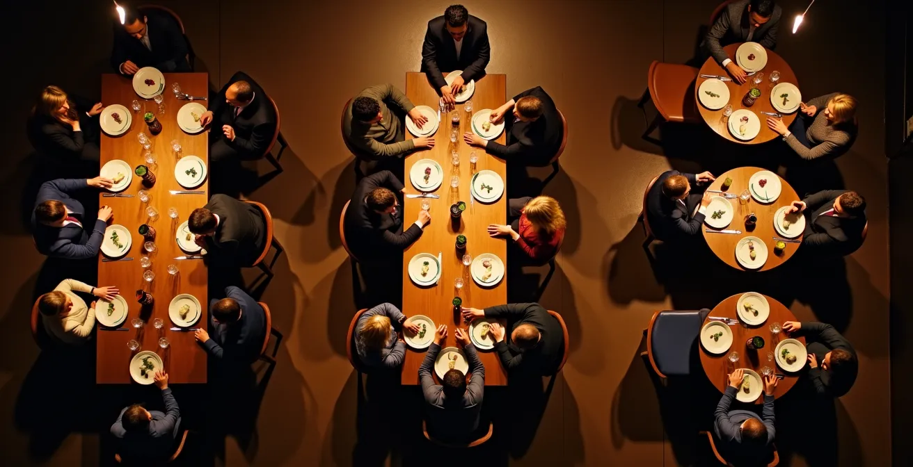 Overhead view of tour group's first dinner showing natural social dynamics at mixed table sizes
