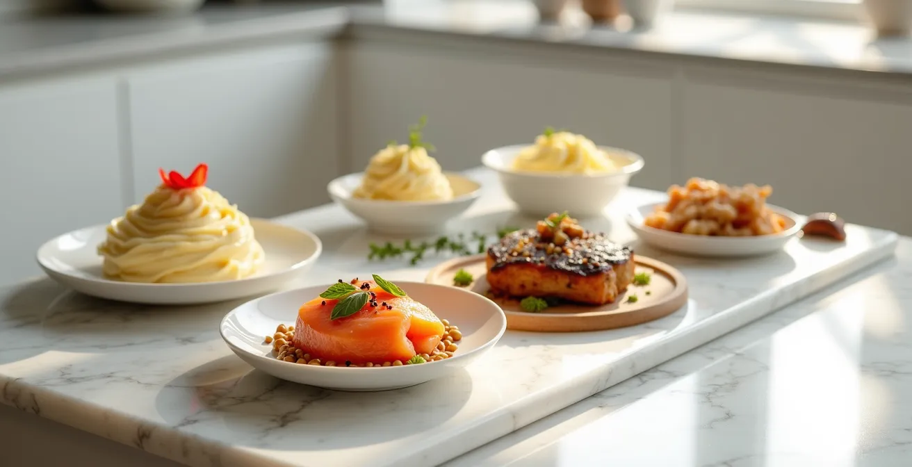 Elegant array of soft, protein-rich foods including smooth terrines, creamy mousses and tender slow-cooked dishes