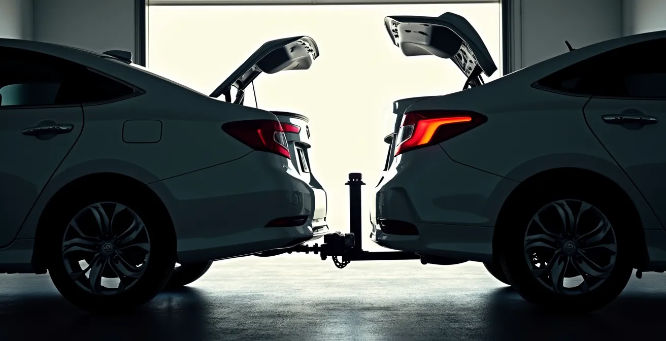 Side view comparison of vehicle lift systems showing space requirements and device positioning