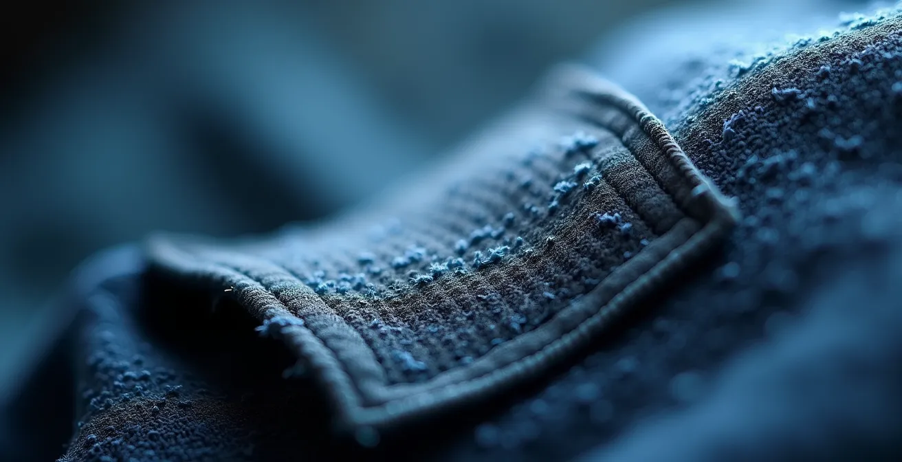 Extreme close-up of worn blood pressure cuff showing fabric texture and wear patterns
