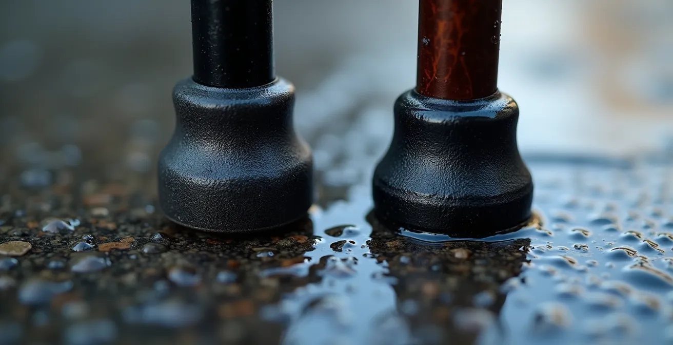 Macro comparison of new versus worn cane tip showing tread pattern degradation