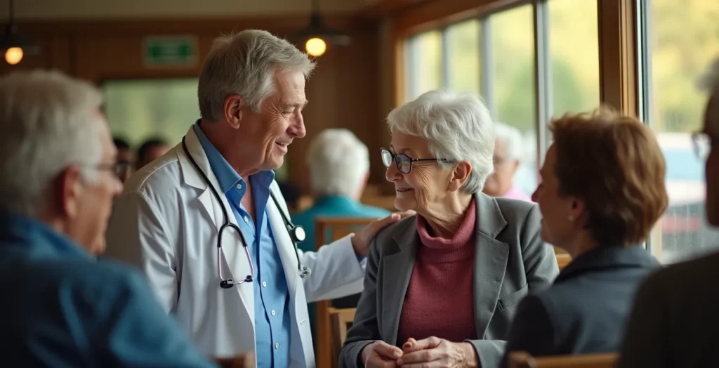 Intimate scene of tour guide checking on senior traveler's wellbeing in small group setting Intimate scene of tour guide checking on senior traveler's wellbeing in small group setting